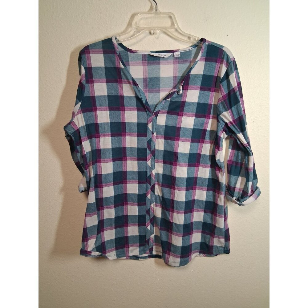 Indigo Blouse Plaid Casual Teal Purple Women's Size Large